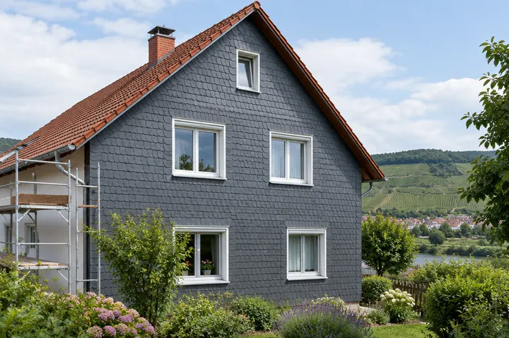 Symbolbild: Giebelwand eines Einfamilienhauses mit neuer Schieferverkleidung, seitlich noch ein Gerüst